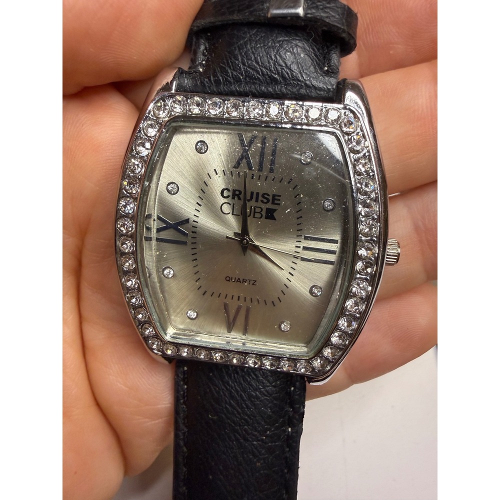 Cruise Club Rhinestone Bezel Quartz Watch Black Leather Band Roman Numeral Dial
